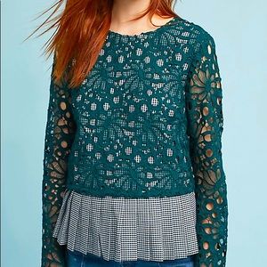 Anthropologie Maeve Gingham Lace Overlay Top
